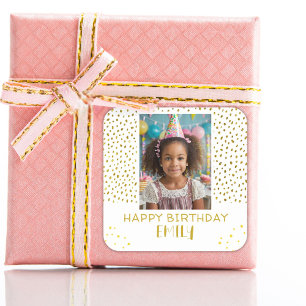 Gold Stars Faux Glitter Birthday Kids Girl Photo Square Sticker