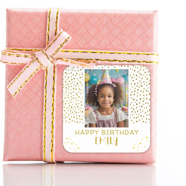 Gold Stars Faux Glitter Birthday Kids Girl Photo Square Sticker (Creator Uploaded)