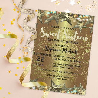 Gold Stars Glitter and Lights Sweet 16 Birthday Invitation
