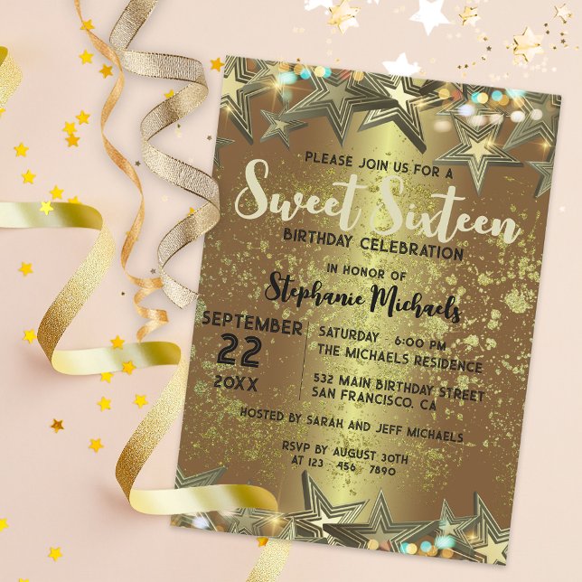 Gold Stars Glitter and Lights Sweet 16 Birthday  Invitation (Creator Uploaded)
