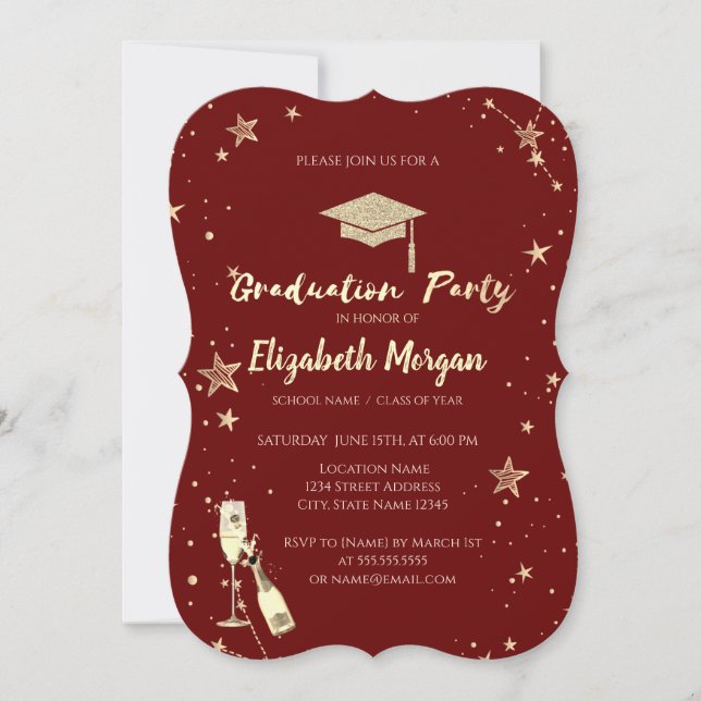Gold Stars Glitter Grad Cap Red Invitation (Front)