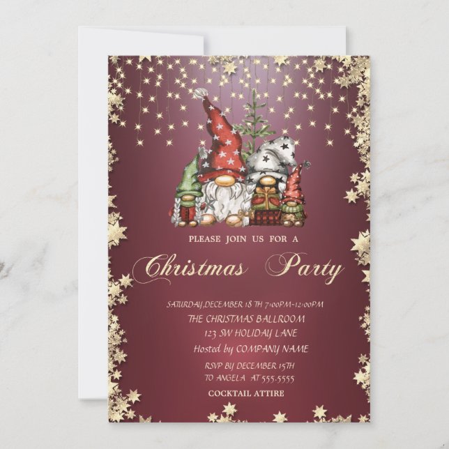 Gold Stars Gnomes Family Christmas Party Invitation (Front)