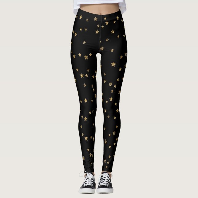 Gold stars, gold, black, elegant, glitter, shiny leggings (Front)