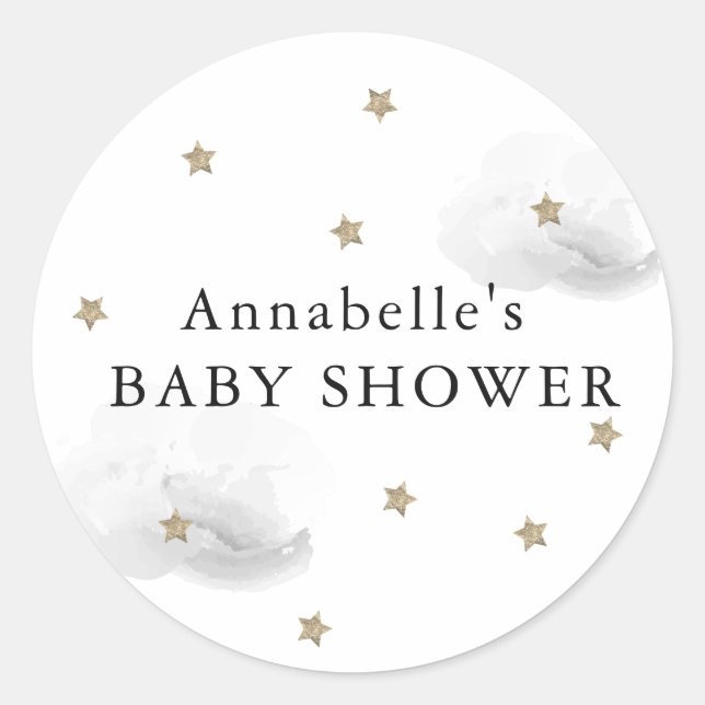 Gold Stars & Grey Clouds Baby Shower Sticker (Front)