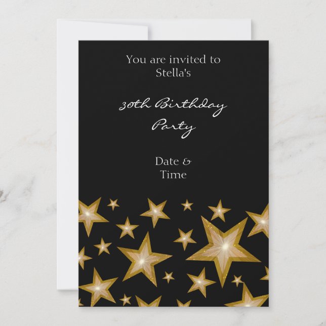 Gold Stars invitation vertical black (Front)