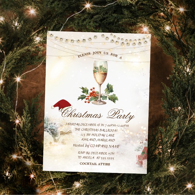 Gold Stars,Lights,Holly Berry Champagne Christmas Invitation (Creator Uploaded)