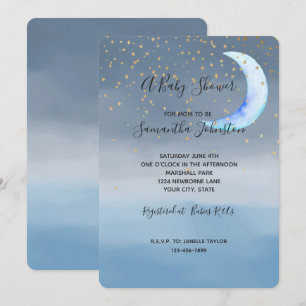 Gold Stars Moon Blue Ombre Baby Shower Invitation