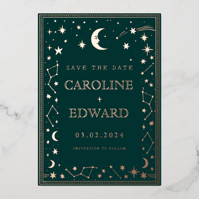 Gold Stars Moon Celestial Save the Date (Front)