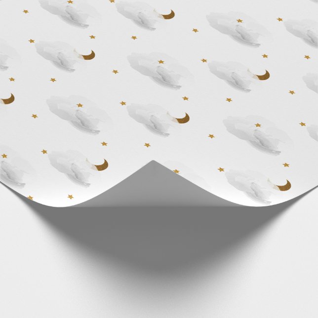 Gold Stars, Moon, & Fluffy Grey Clouds Wrapping Paper (Corner)