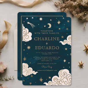 Gold Stars Moon Indigo Celestial Qr Code Wedding Invitation