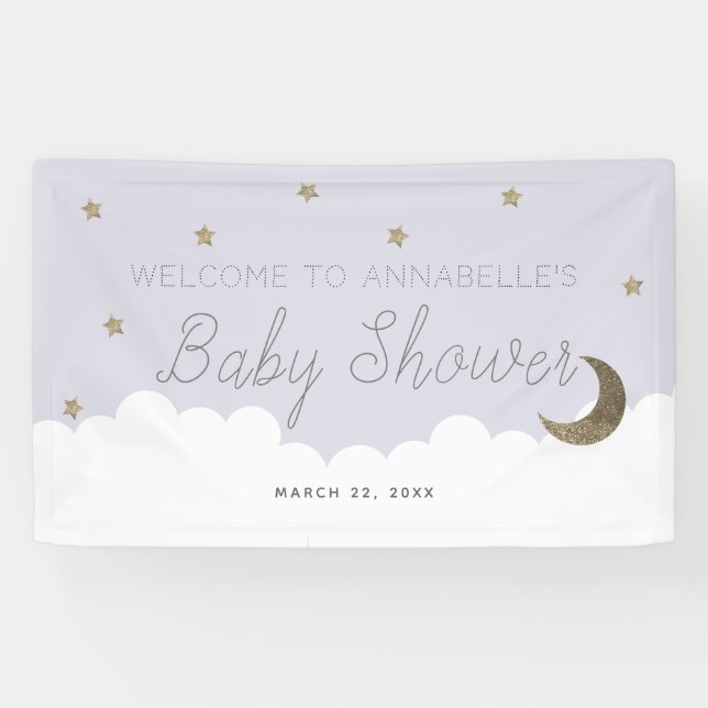 Gold Stars & Moon Lilac Baby Shower Banner (Horizontal)