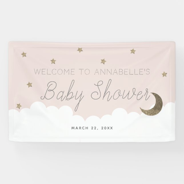 Gold Stars & Moon Pink Baby Shower Banner (Horizontal)