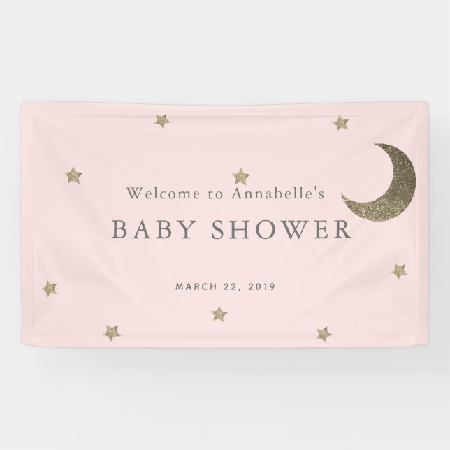 Gold Stars & Moon Pink Baby Shower Banner (Horizontal)