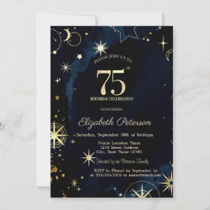 Gold Stars Navy Blue 75th Birthday Party Invitation