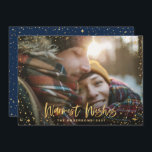 Gold stars navy blue Christmas 1 photo modern Holiday Card<br><div class="desc">Gold Season's greetings stars 1 photo holiday card. With a script text and gold effect design,  navy blue back ground color can be change to suit your style.</div>