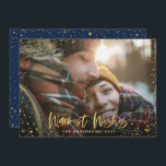 Gold stars navy blue Christmas 1 photo modern Holiday Card<br><div class="desc">Gold Season's greetings stars 1 photo holiday card. With a script text and gold effect design,  navy blue back ground color can be change to suit your style.</div>