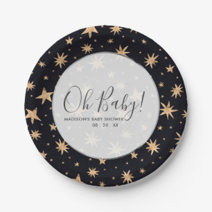Gold Stars Navy Blue Space Custom Baby Shower Paper Plate