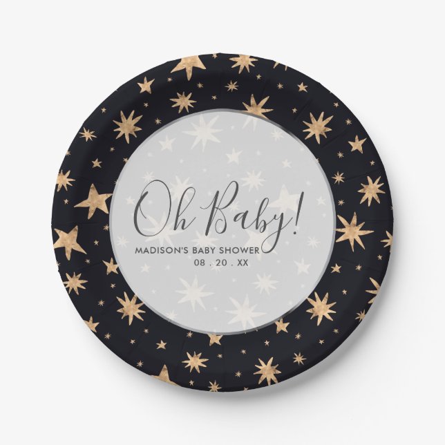 Gold Stars Navy Blue Space Custom Baby Shower Paper Plate (Front)