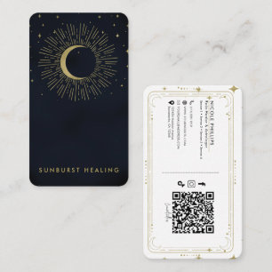 Gold Stars Night Celestial Sunburst Moon QR  Business Card