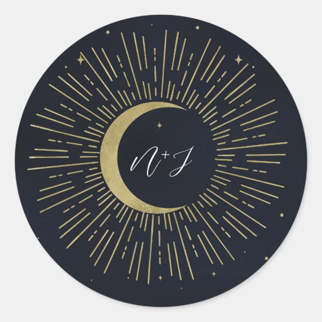Gold Stars Night Celestial Sunburst Moon Wedding Classic Round Sticker (Front)