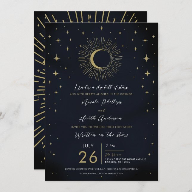 Gold Stars Night Celestial Sunburst Moon Wedding Invitation (Front/Back)