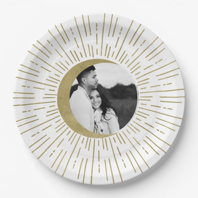 Gold Stars Night Celestial Sunburst Moon Wedding Paper Plate (Front)