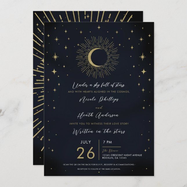 Gold Stars Night Celestial Sunburst Photo Wedding Invitation (Front/Back)