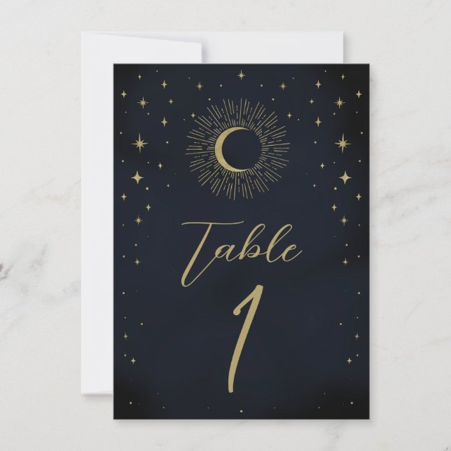 Gold Stars Night Celestial Sunburst Table Number (Front)