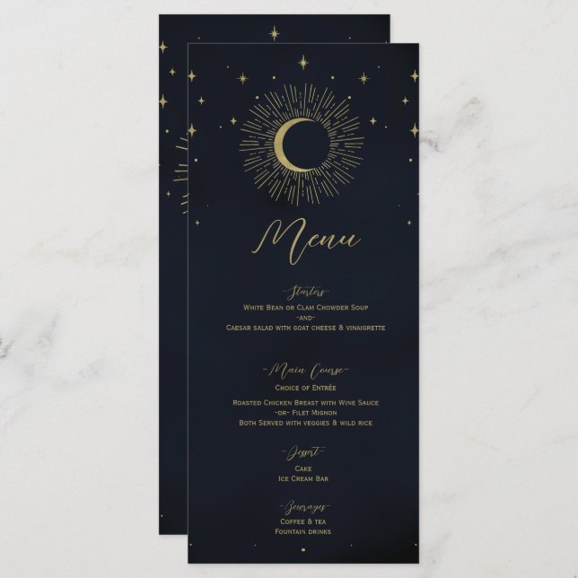 Gold Stars Night Sunburst Moon Wedding Menu (Front/Back)