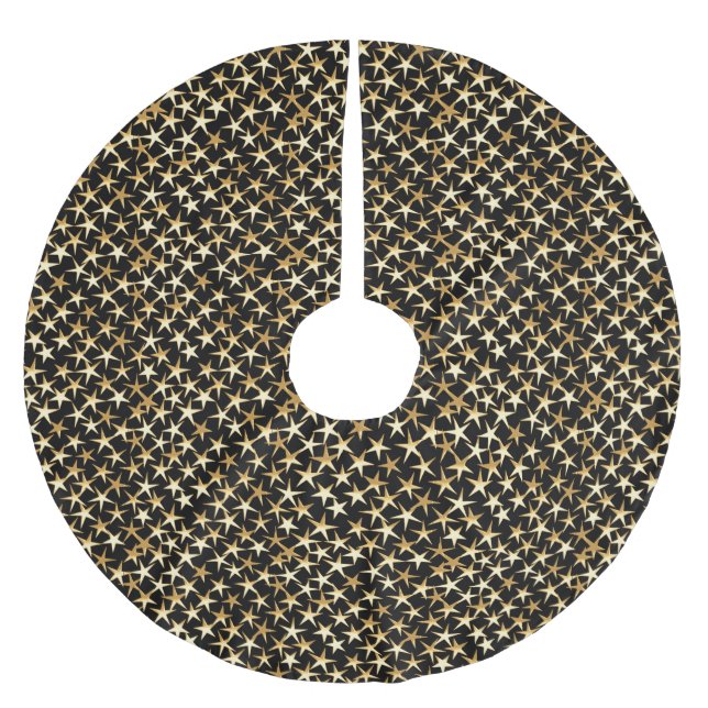 Gold stars on a black background brushed polyester tree skirt (Front)