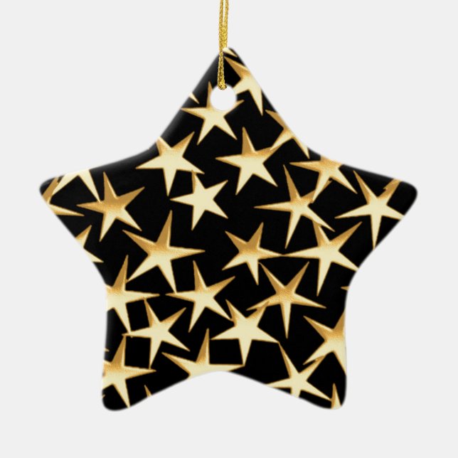 Gold stars on a black background ceramic tree decoration (Front)