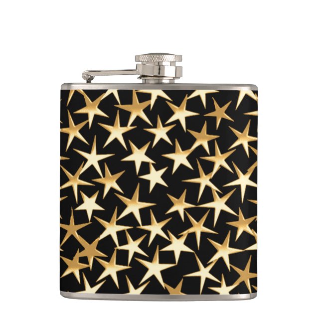 Gold stars on a black background hip flask (Front)