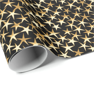 Gold stars on a black background wrapping paper
