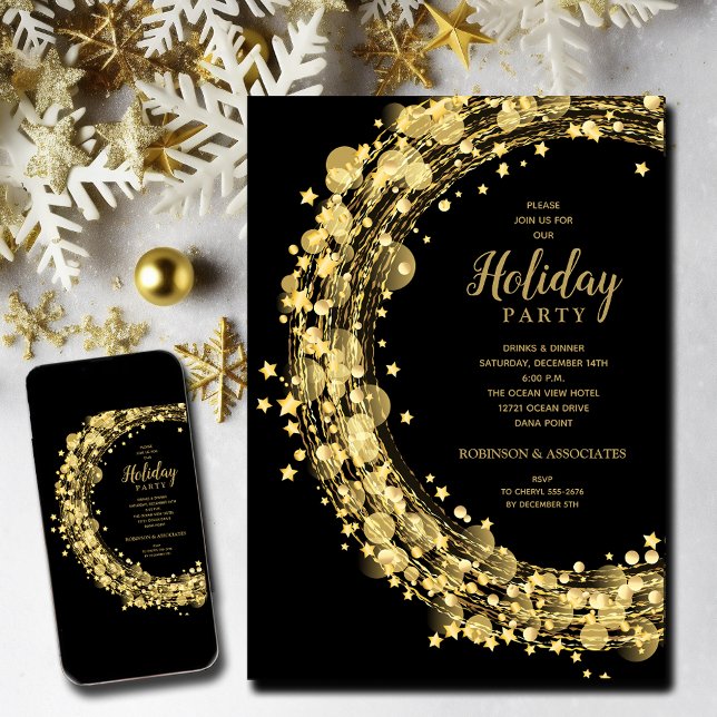 Gold Stars on Black Christmas Holiday Invitation (Gold Stars Christmas Holiday Invitations - INSTANT DOWNLOAD and/or PRINTED)