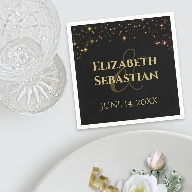 Gold Stars on Black Festive Wedding Napkin (In Situ with Plate)