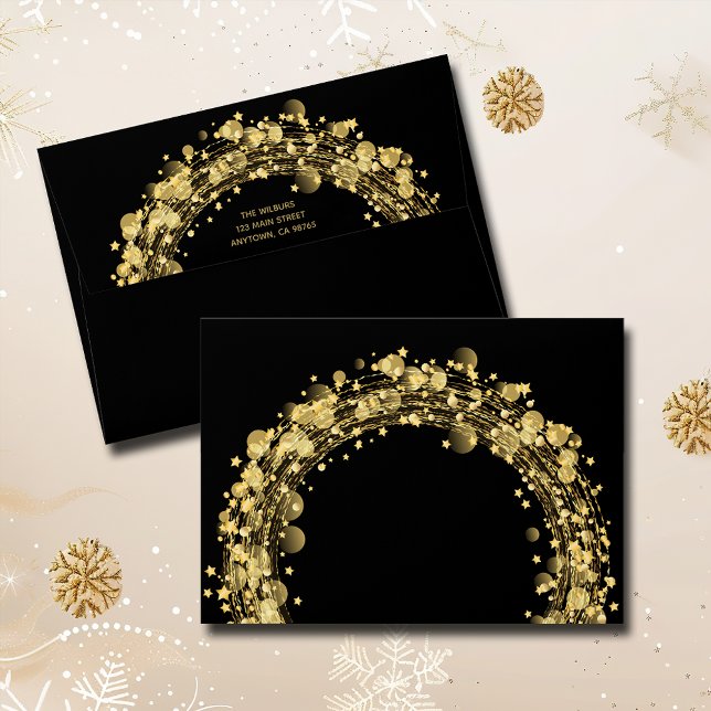 Gold Stars on Black Merry Christmas Envelope (Christmas gold stars on black envelopes, FREE return address on the back.)