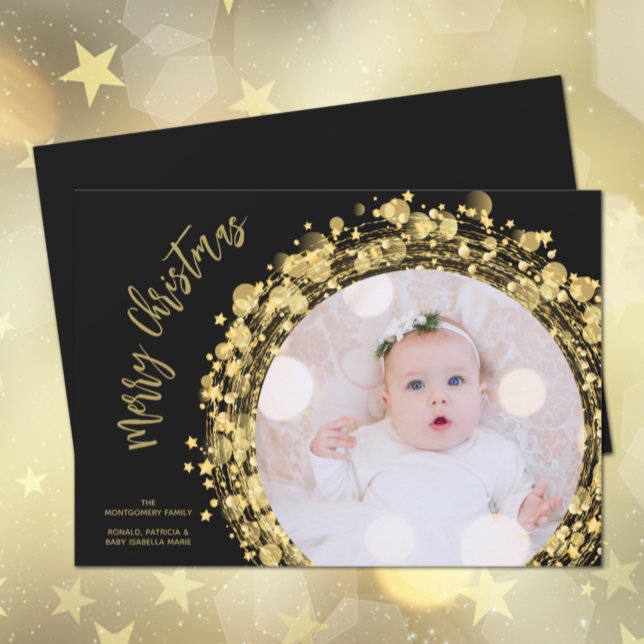 Gold Stars on Black Merry Christmas Photo Holiday Card (Creator Uploaded)