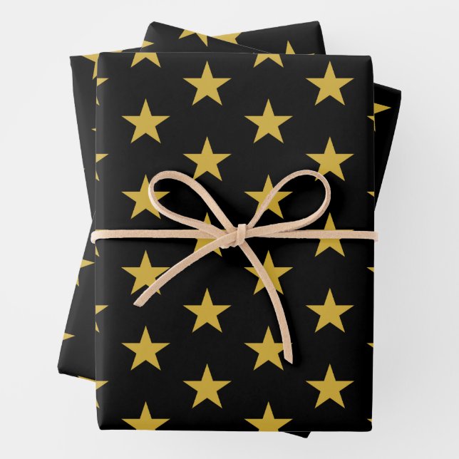 Gold Stars on Black Wrapping Paper Sheet (In situ)