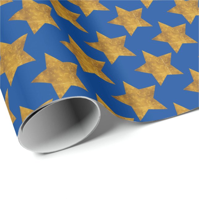 Gold Stars on Blue Gift Wrapping Paper Wrap (Roll Corner)