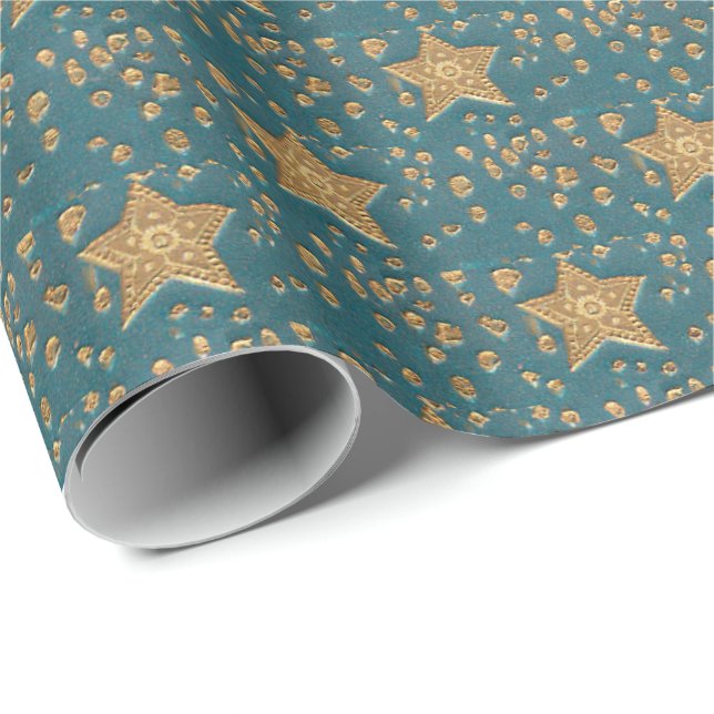 Gold Stars on Blue Night Sky Pattern Elegant Wrapping Paper (Roll Corner)
