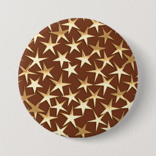 Gold stars on chocolate brown 7.5 cm round badge