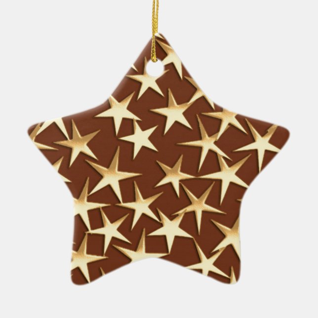 Gold stars on chocolate brown ceramic tree decoration (Front)