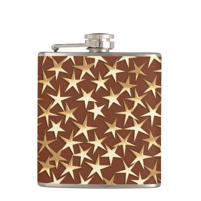 Gold stars on chocolate brown hip flask (Front)