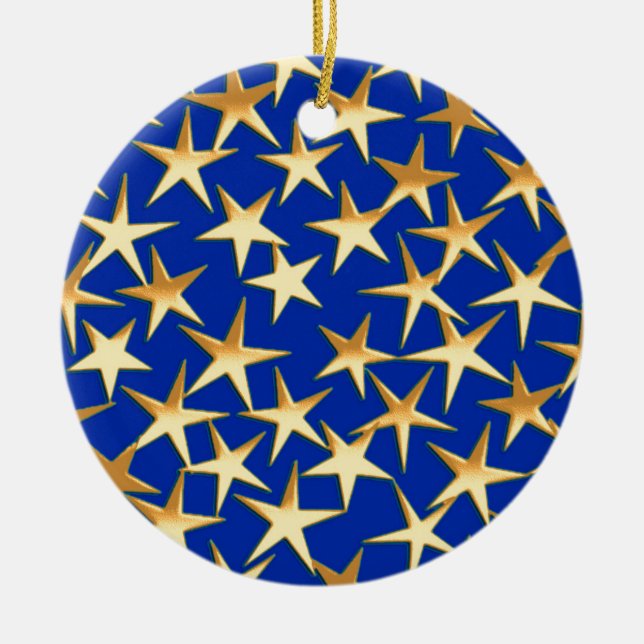 Gold stars on cobalt blue ceramic tree decoration (Front)