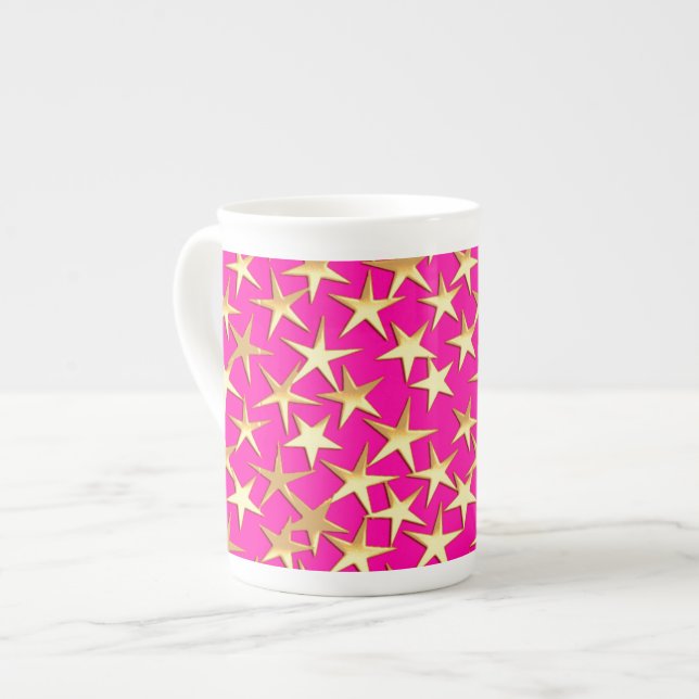 Gold stars on fuchsia pink bone china mug (Front Left)