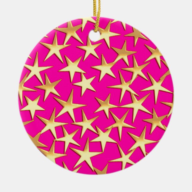 Gold stars on fuchsia pink ceramic tree decoration (Front)