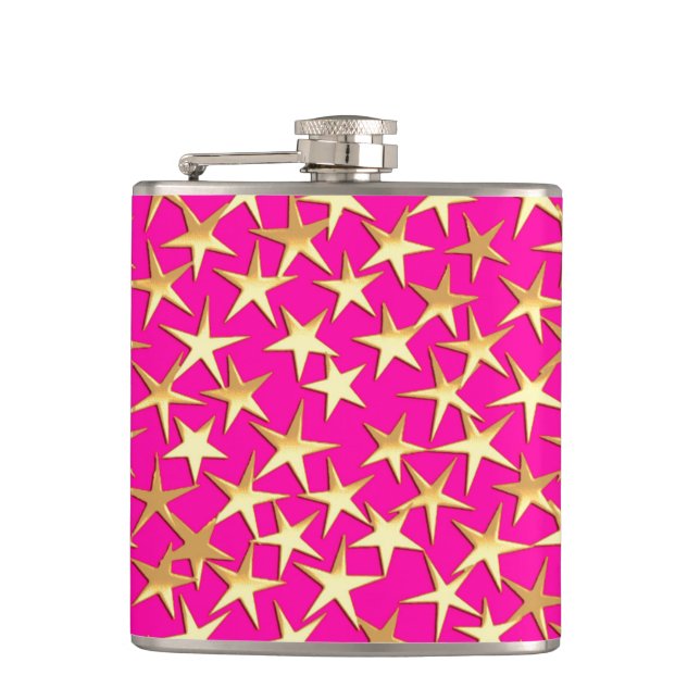 Gold stars on fuchsia pink hip flask (Front)