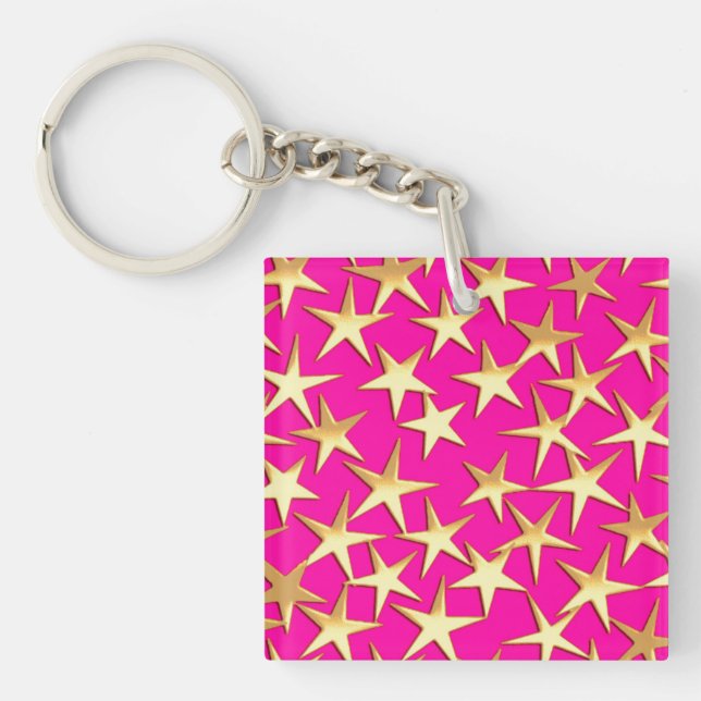 Gold stars on fuchsia pink key ring (Front)