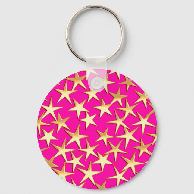 Gold stars on fuchsia pink key ring (Front)