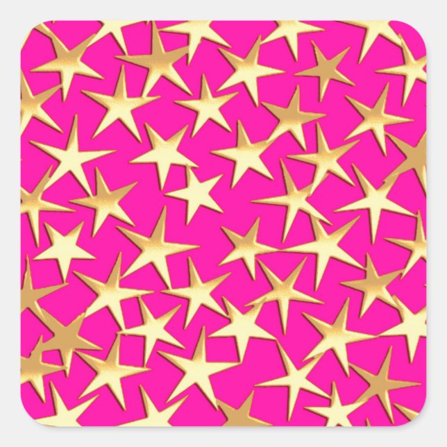Gold stars on fuchsia pink square sticker (Front)